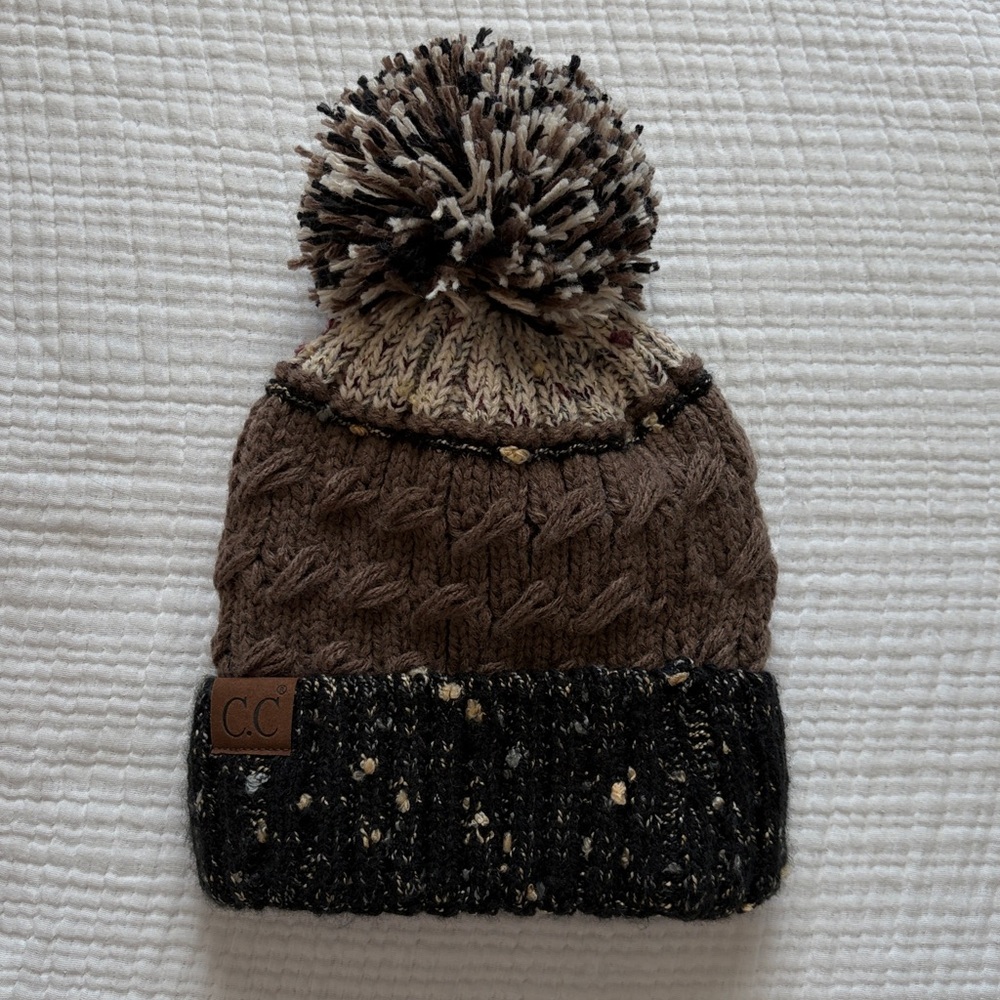 CC Knit Pom Beanie in Brown and Black